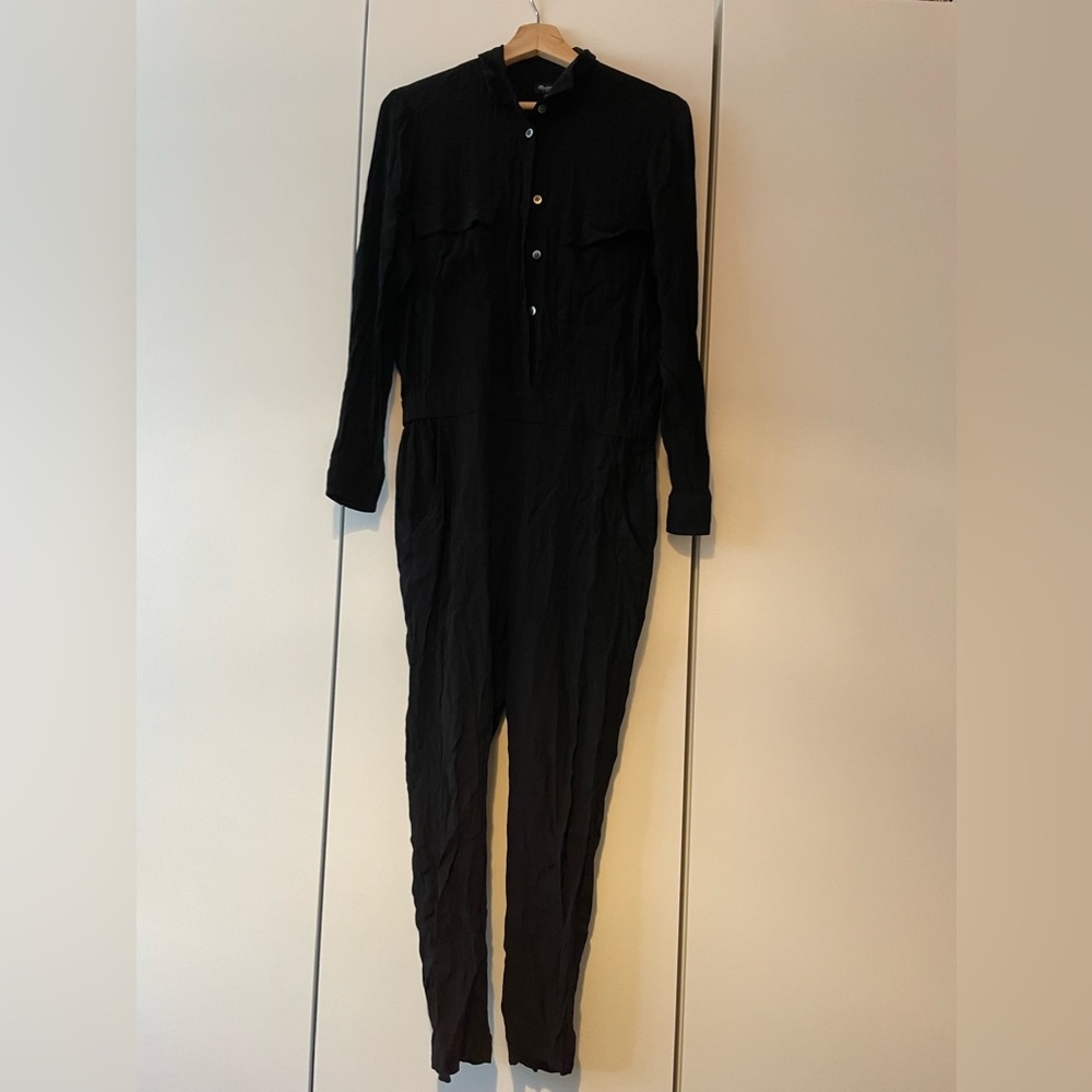 MADEWELL Womens PULL-ON JUMPSUIT Black Viscose Crepe Long Sleeve Tapered Ankle